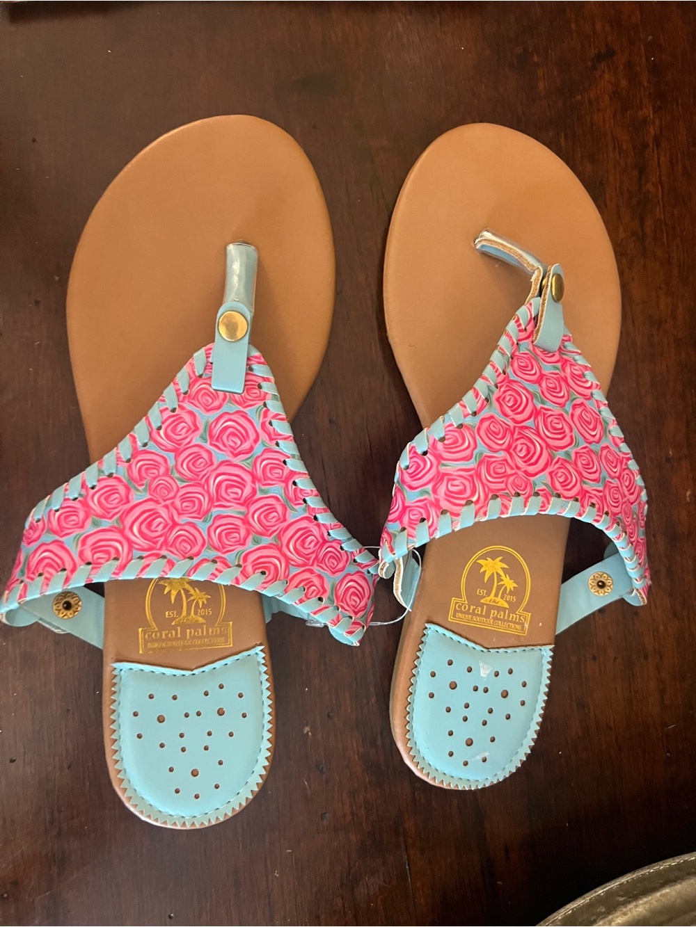 Coral Palms Pink Rose Print Leather Sandals with Light Blue Trim